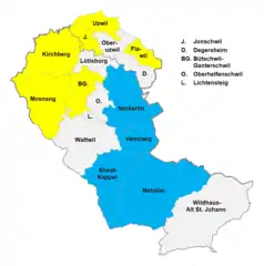 Konfessionsmehrheiten (2013):  ●  blau: mehr als 60 % ev.-reformiert  ●  gelb: mehr als 60 % röm.-katholisch