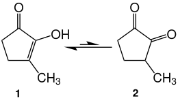 Keto-Enol-Tautomerie von Cycloten; Die Enol-Form wird bevorzugt gebildet.