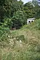 Überwachsene künstliche Felsen am Fuß der Schlucht unter der Loggia