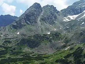 Zadnie Koło unterhalb des schneebedeckten Tals Mylna Kotlinka und der Gipfel Zadni Kościelec und Kościelec