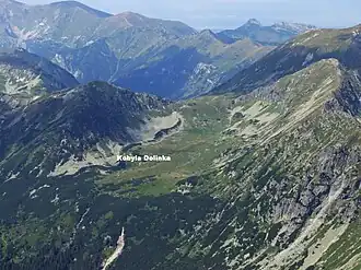 Der Sattel oberhalb des Tals Kobylia dolina (hier polnisch Kobyla Dolinka) vom Berg Kôprovský štít aus gesehen