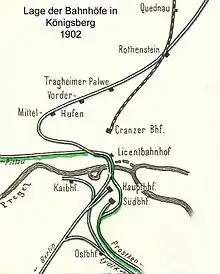 Lage der Bahnhöfe in Königsberg 1902