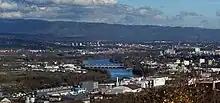 Panorama Blick von der vorderen Wartenberg Ruine in Muttenz zum Kraftwerk in Augst