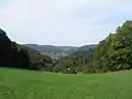 Blick vom Eselstein über das Brombachtal zum Höhenzug Krehberg-Lindenfels