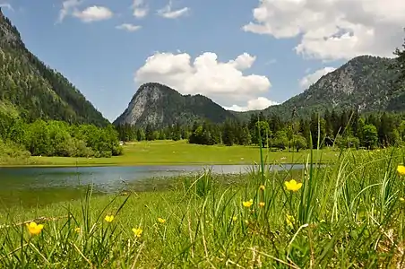 Blick vom Lödensee nach Norden zum Seekopf. Die Sattelstruktur des Berges ist gut zu erkennen. Rechts der Einsattelung der Richtstrichkopf (1322 m).