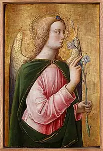 Antonio Vivarini, Erzengel Gabriel (15. Jahrhundert), Tempera auf Holz, 63 × 41,5 cm.