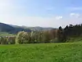 Das Lautertal mit seinen südlichen Berghängen, Granitoid-Hügel an der Bergstraße (Hemsberg, Hubenhecke, Schlossberg mit Starkenburg) im Hintergrund, die Rheinebene am Horizont (vom Borstein-Hang fotografiert)