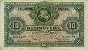 Eine Banknote von 10 litauischen Litas mit Vytis und den Säulen der Gediminas, 1927