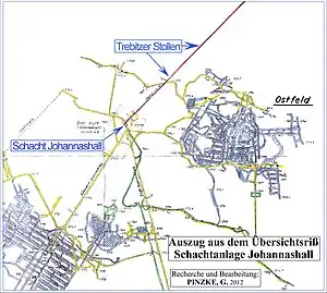 Lage des „Trebitzer Stollen's“ (auch als Henriette-Stollen bezeichnet). Er führte in gerader Linie von der Schachtröhre des Schachtes Kurt (Johannashall) in einer Teufe von 91 m in Richtung und Höhenniveau zur Saale