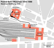 Lage des ehemaligen Bahnpostamts München 1910–1988