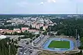 Blick von der Skisprungschanze auf das Stadion Lahti