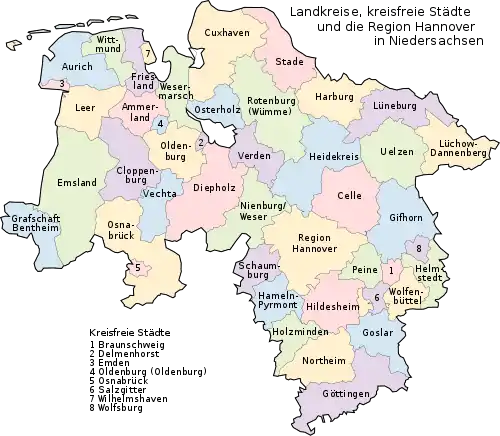 Das heutige Land Niedersachsen – seine Landkreise und kreisfreien Städte sowie die Region Hannover