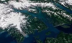 Satellitenaufnahme des Glacier-Bay-Nationalparks mit dem Brady-Gletscher auf der linken Seite.