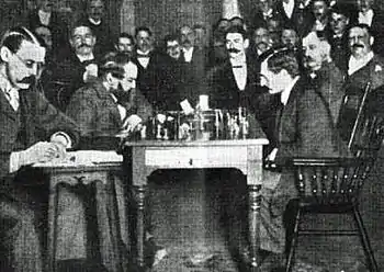 Steinitz (links) und Lasker (rechts) während ihres Weltmeisterschaftskampfes 1894