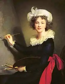 Élisabeth Louise Vigée-Lebrun: Selbstporträt, 1790. Das Rot der Schleife verdeutlicht die Freude und Leidenschaft der Künstlerin bei der durchdachten, sachlichen Arbeit des Malens.