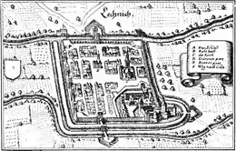 „Lechnich“ um 1646 mit der links des oberen Tores, außerhalb der Mauer, eingezeichneten Mühle