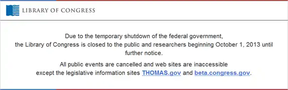 Homepage der LoC: Government Shutdown 2013