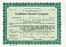 Aktie der Lockheed Aircraft Company, ausgestellt am 10. Juni 1929, unterschrieben im Original von dem Firmengründer Allan H. Loughead als Vize-Präsident