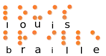 Die Grafik zeigt in Kleinbuchstaben den Namen „louis braille“ in Schwarz- und Brailleschrift. Die Braillezeichen sind grafisch dargestellt mit orangefarbenen Punkten, die einen leichten Schatten zu werfen scheinen; sie wirken dadurch erhaben, sind es aber freilich nicht wirklich.