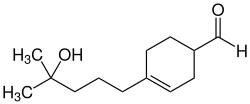 Strukturformel von 4-(4-Hydroxy-4-methylpentyl)cyclohex-3-en-1-carbaldehyd