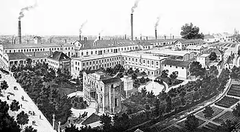 Rauchbild der Maschinenbau- und Röhrenfabrik Haag (1902). Im Vordergrund die Villa Haag nach dem Umbau.