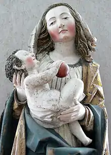 Madonna mit Kind aus Horgenzell-Ringgenweiler (Detail). Lindenholz mit alter Fassung, ursprünglich holzsichtig, Oberschwaben um 1500