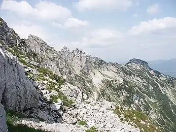 Blick vom Anstieg zum Hohen Göll auf Mannlgrat und Kehlstein