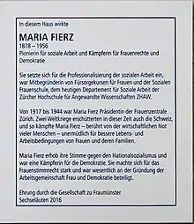 Gedenktafel von Maria Fierz am Schanzengraben 29, Zürich