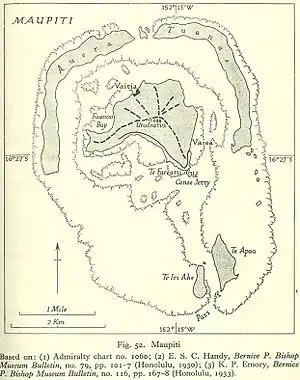 Karte des Atolls. Dargestellte und aktuelle Namen der Motus:Te Iri Ahe = PitiaheTe Apaa = TiapaaAuera = AuiraTuanae = Tuanai(nördl. Motu) = Paeʻao