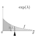 Der Erwartungswert (hier 
  
    
      
        
          
            
              1
              λ
            
          
        
      
    
    {\displaystyle {\tfrac {1}{\lambda }}}
  
) ist der Schwerpunkt der Verteilung