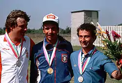 Luca Scribani Rossi (rechts) auf dem Podium der Olympischen Spiele 1984