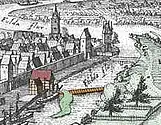 Darstellung des Mühle mit einem Steg über den Eselwerder zum Tanzwerder durch Merian um 1654 (Ausschnitt)