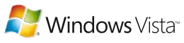 Versionslogo: links das Windows-„Fenster“ im Design von Windows XP, jedoch zur Mitte hin aufhellender Verlauf („blendendes“ Fensterkreuz); rechts daneben der Schriftzug „Windows Vista (TM)“ in serifenloser Schrift („Windows“ fett, jedoch ganzer Schriftzug in dünn gehaltenen Linien)