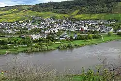 Blick nach Osten:Ortsgemeinde Wintrich, wo sich von der Burglay aus gut über­blickbar, rund um die heutige Kirche (Entfernung ca. 600 m) am gegenüberliegenden Mosel­ufer die nächstgelegene rö­mi­sche Siedlung befand. Sie soll Vindriacum geheißen haben.