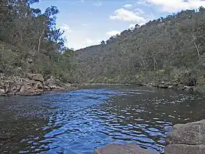 Blick flussabwärts des Mitchell River in der Nähe des Zuflusses de Woolshed Creek im Mitchell River National Park