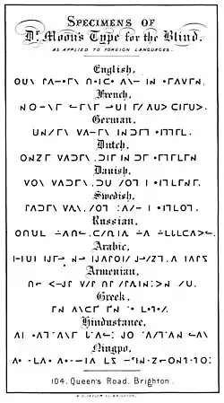 Eine Texttafel. Überschrift in Fraktur: „SPECIMENS OF Dr. Moon's Type for the Blind, as appplied to foreign languages“. Es folgen die ersten Worte des Vaterunsers in 12 verschiedenen Sprachen, geschrieben jeweils im Moon-Alphabet