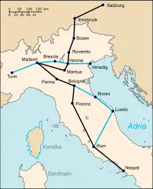 Mozarts erste Italienreise (eingezeichnet sind die heutigen Grenzen): Schwarz: Reiseroute Salzburg – Neapel Blau: Abweichungen auf der Rückroute, eingezeichnet sind die heutigen Grenzen