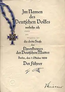 Mutterkreuz der 3. Stufe in Bronze mit dazugehöriger Verleihungsurkunde