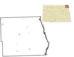 Lage von Pembina im Pembina County (links) und in North Dakota (rechts)