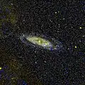 In der Ultraviolett-Aufnahme des GALEX-Weltraumteleskops von NGC 4100 erscheinen ältere Sterne gelb, jüngere blau.