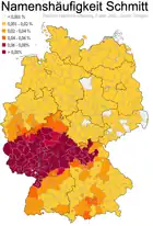 Deutschlandkarte mit Namenshäufigkeit Schmitt