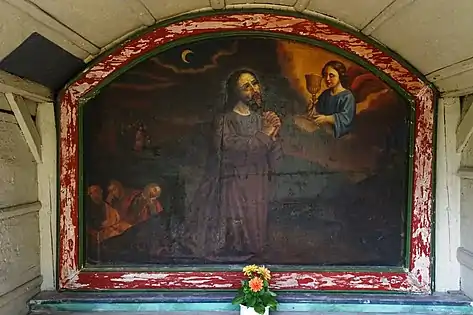 Magdalenakapelle im Schlosswald Heitenried, unteres Bethäuschen (I. Kapelle im Schlosswald), Tafelbild «Jesus im Garten Gethsemane / Christus am Ölberg»