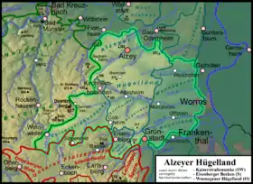 Karte des Alzeyer Hügellandes (227.4–227.50) nebst den nach Nordosten durch das Hügelland verriegelten Beckenlandschaften Kaiserstraßensenke (193.44, hier mit 193.43 und dem Süden von 227.41) und Eisenberger Becken (227.6) sowie der Ostabdachung Wonnegauer Hügelland (227.51).