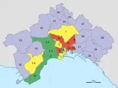 Periphere Stadtteile sind grau; zentrale Stadtteile sind grün für wohlhabend, gelb: mittel, rot: ärmlich