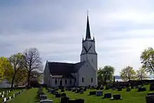 Foto einer Kirche, dahinter ein See, davor ein Friedhof