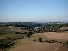 Neutsch (von SW) im von vielen Ganggesteinen durchsetzten flasrigen bis gneisigen Granitoid-Komplex. Im Hintergrund rechts: Reinheimer Bucht und Böllstein-Gneis-Rücken