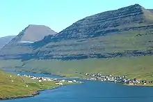 Hvannasund rechts im Bild von Südwesten aus betrachtet. Im Hintergrund die Insel Viðoy mit dem Kegelberg Malinsfjall links im Bild.