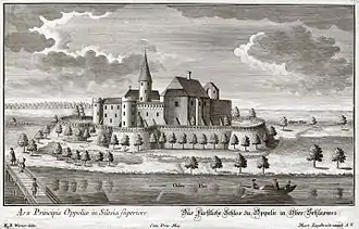 Das Oppelner Schloss mit Piastenturm in einem Stich von 1777