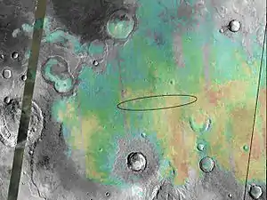 Aufnahme von Meridiani Planum.Die Hämatitvorkommen sind farblich markiert worden.Die Ellipse bezeichnet das Landegebiet der Sonde Opportunity