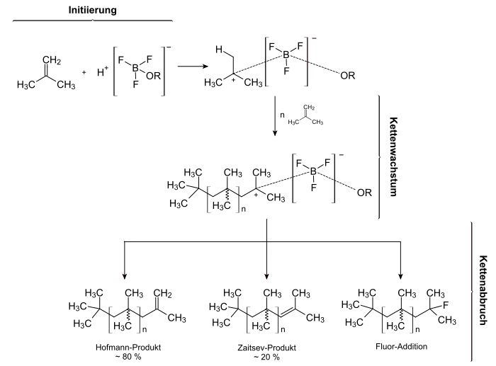 Reaktionsschema der Polymerisation von Isobuten